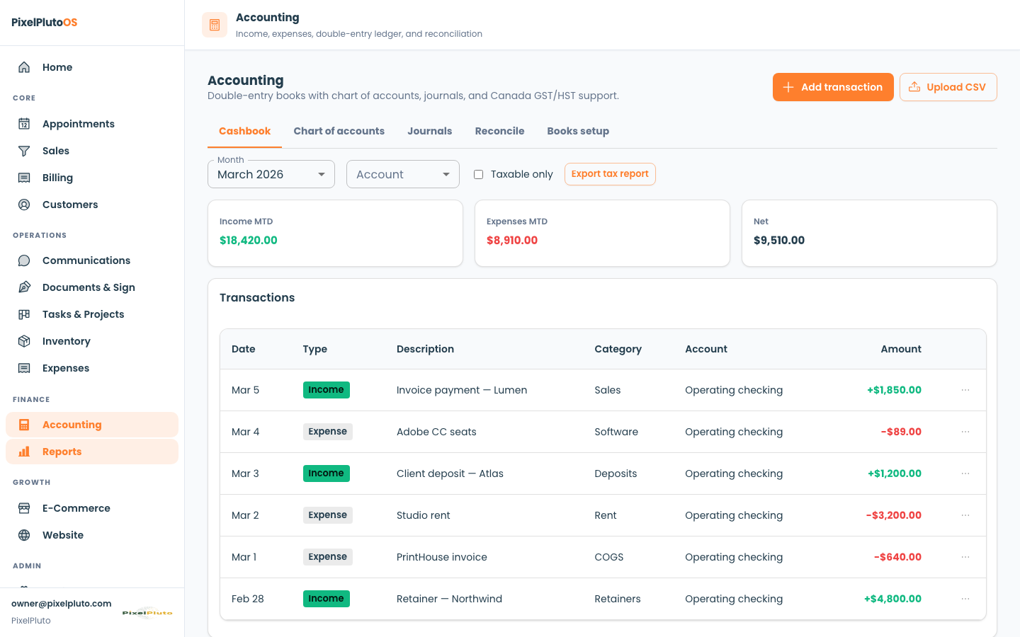 PixelPluto accounting and reports