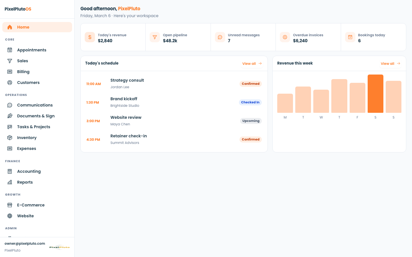 PixelPluto OS dashboard overview
